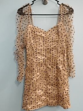 DO+BE Beige Polka Dot Ruched Mini Dress with Sheer Puff Sleeves Size Small